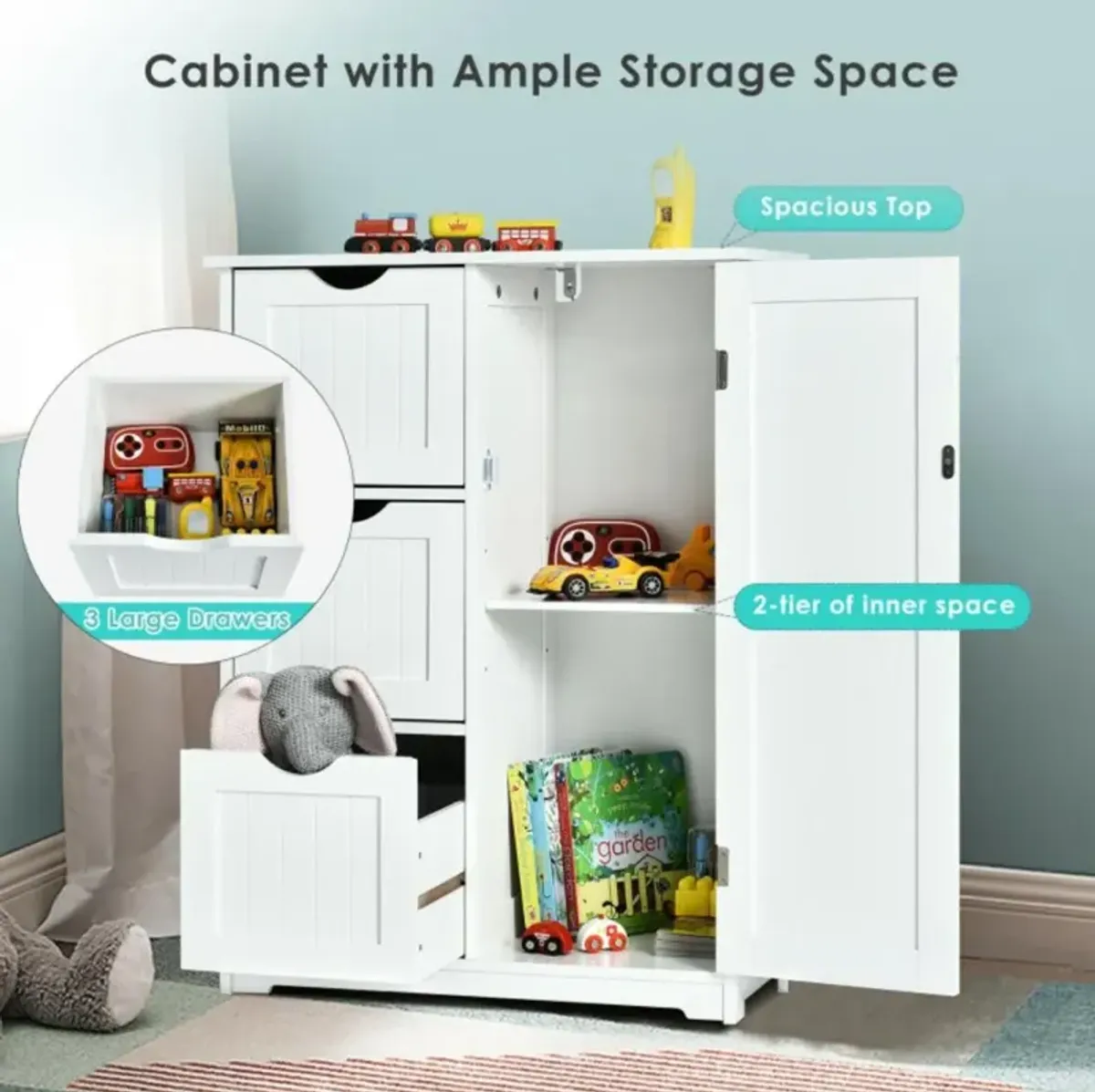 Hivvago Bathroom Floor Cabinet Side Storage Cabinet with 3 Drawers and 1 Cupboard