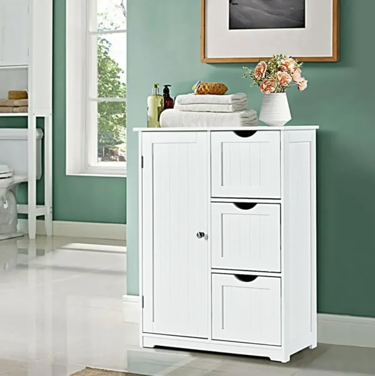 Hivvago Bathroom Floor Cabinet Side Storage Cabinet with 3 Drawers and 1 Cupboard