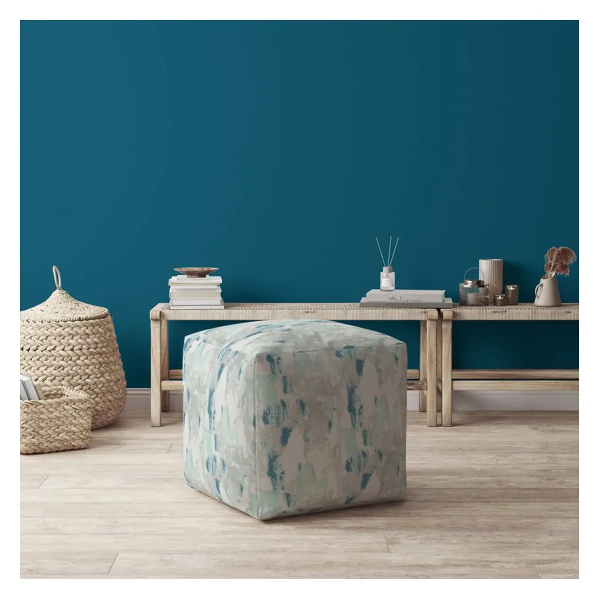 Hivvago 17" Blue And White Canvas Abstract Pouf Ottoman