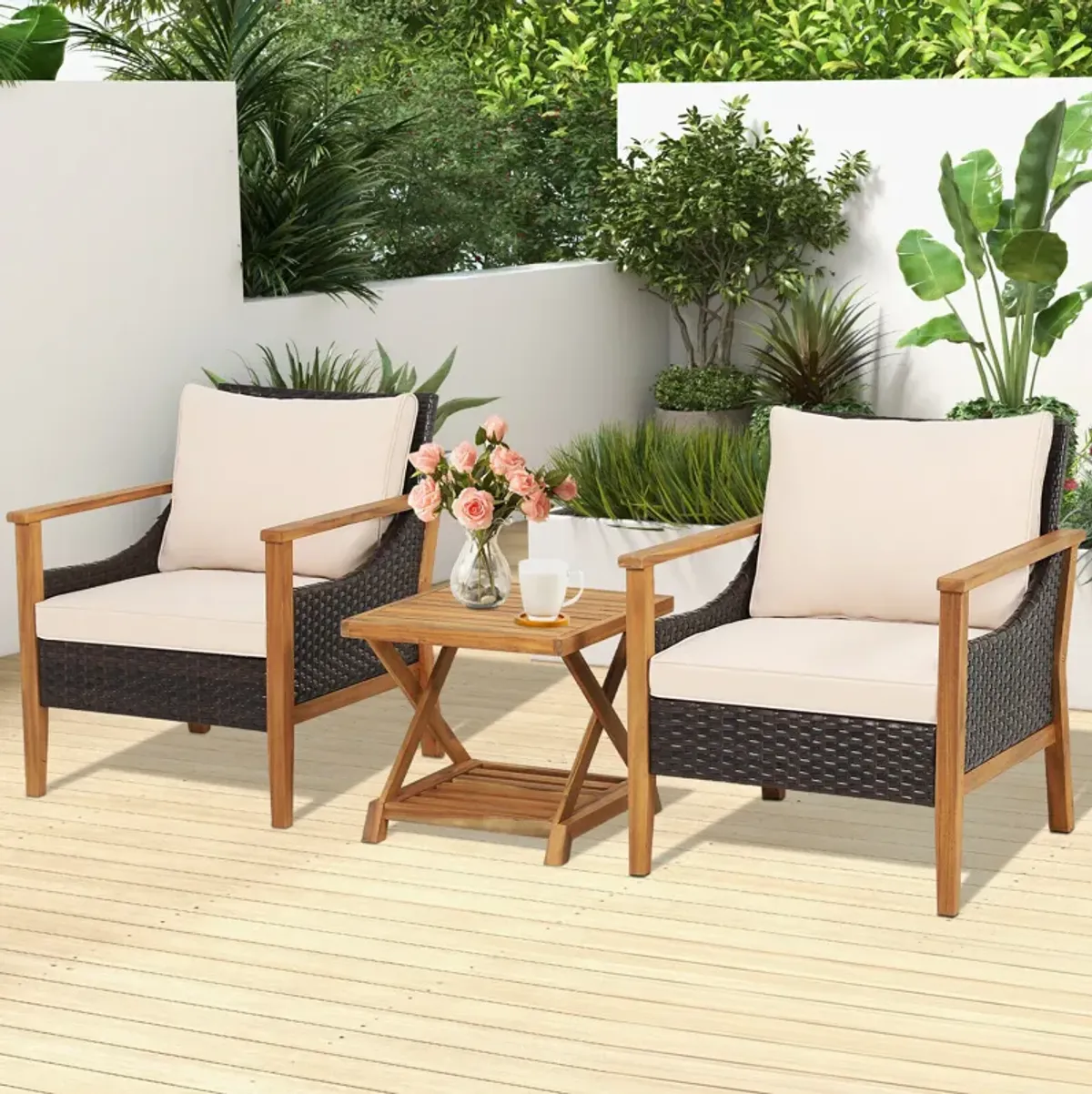 3 Pieces Patio Wicker Furniture Set with 2-Tier Side Table and Cushioned Armchairs-Natural