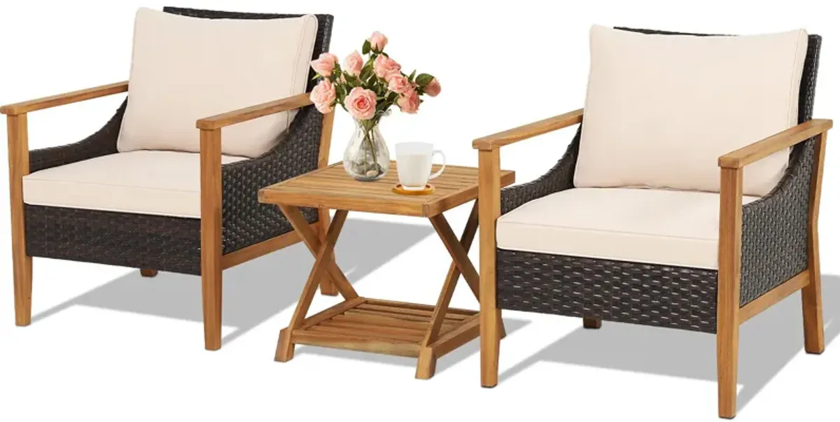 3 Pieces Patio Wicker Furniture Set with 2-Tier Side Table and Cushioned Armchairs-Natural