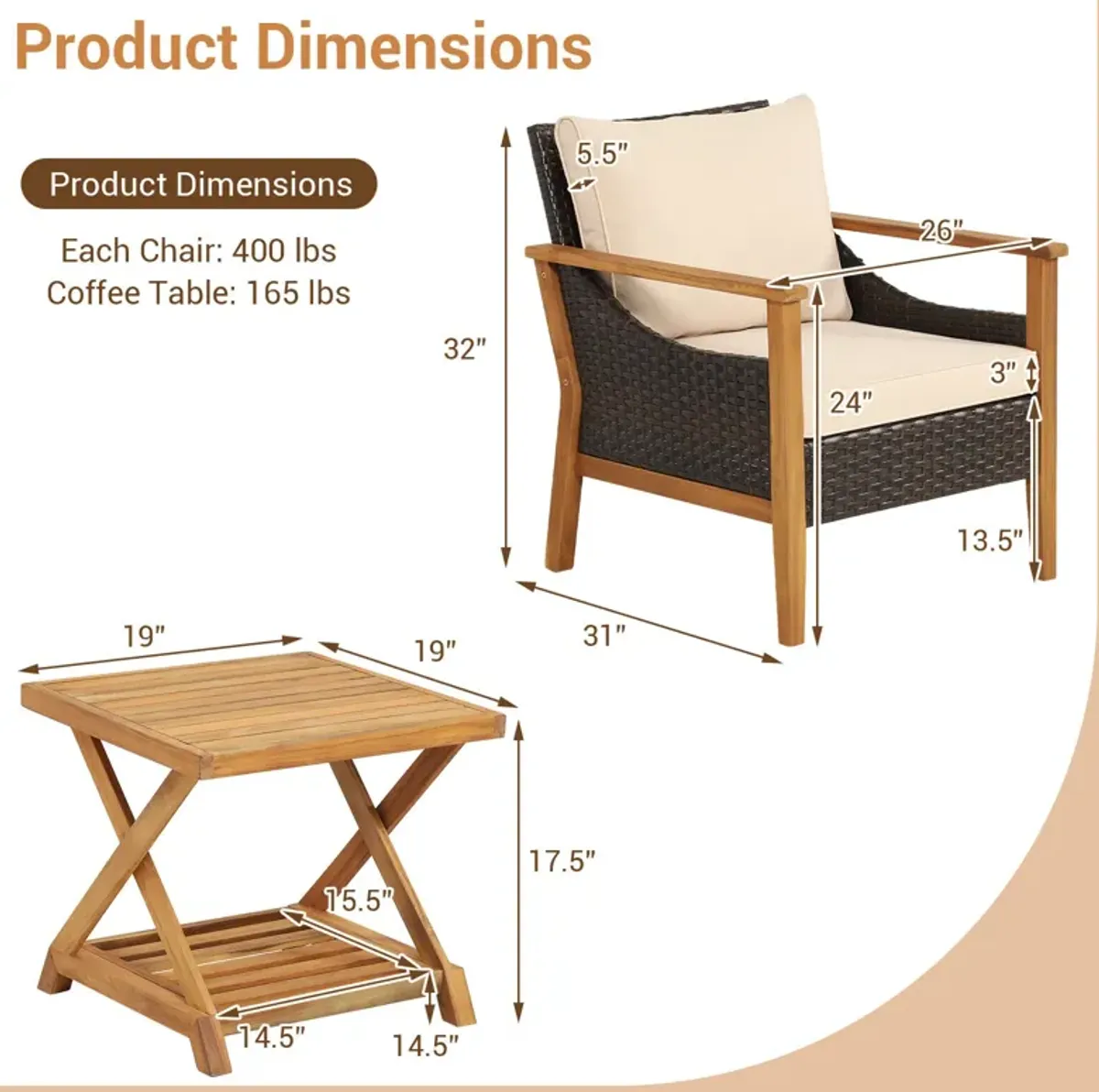 3 Pieces Patio Wicker Furniture Set with 2-Tier Side Table and Cushioned Armchairs-Natural