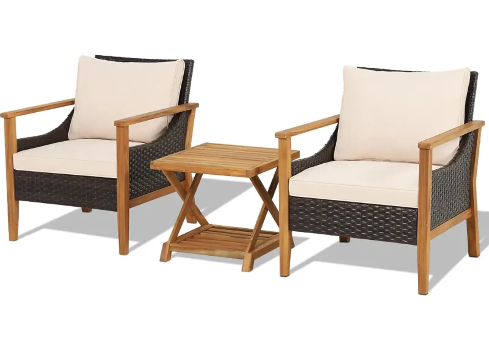 3 Pieces Patio Wicker Furniture Set with 2-Tier Side Table and Cushioned Armchairs-Natural