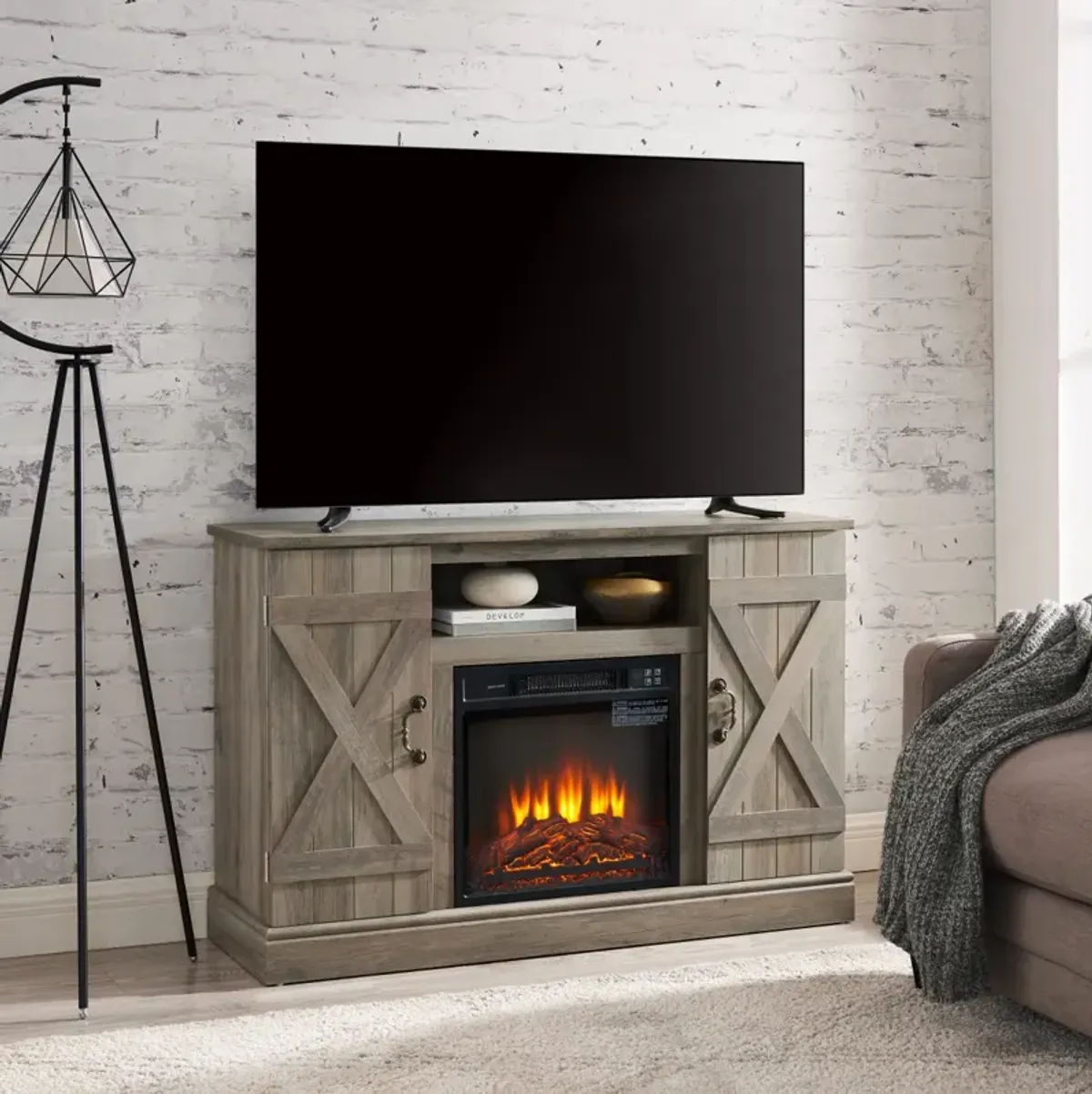 Gray Wash Farmhouse TV Stand with Electric Fireplace