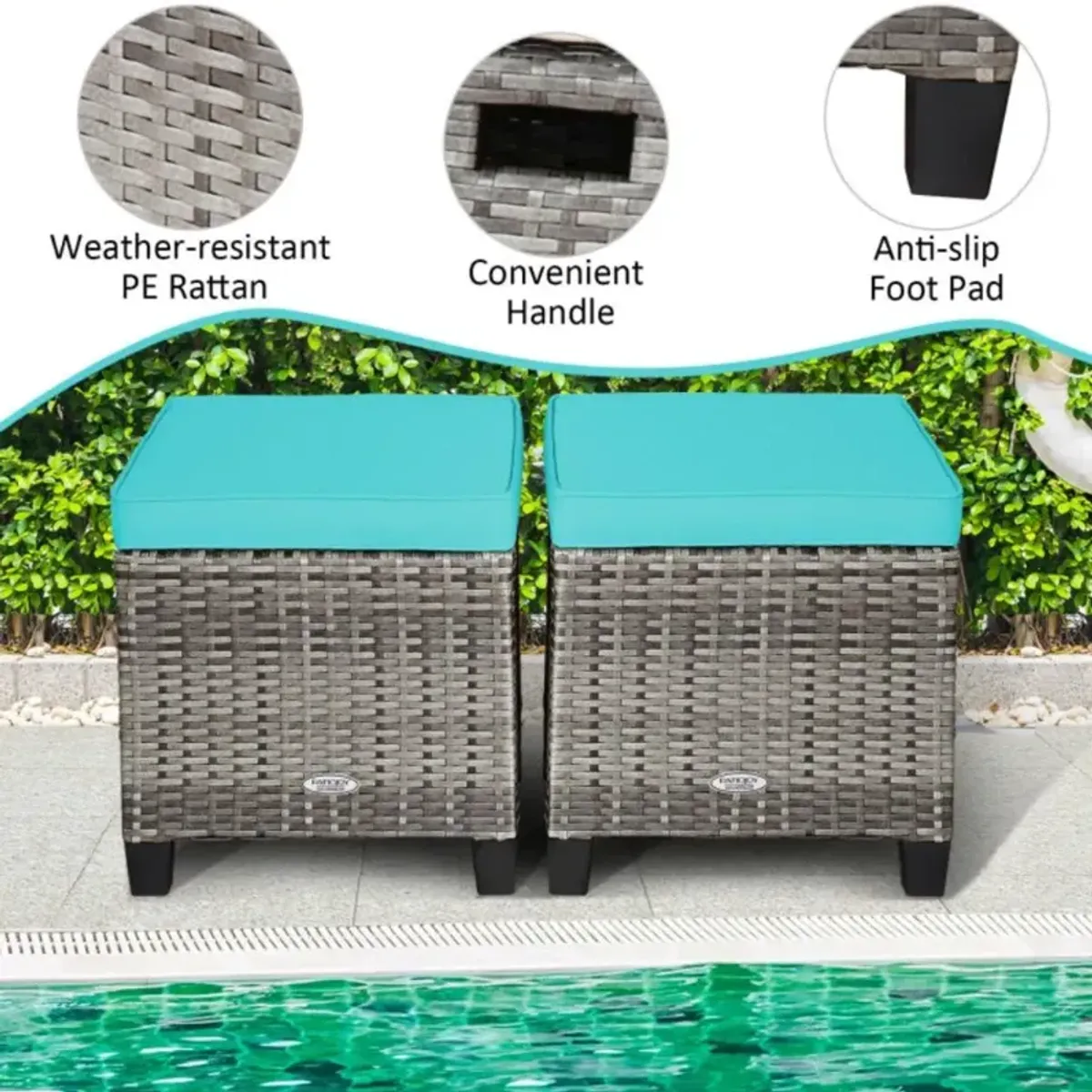 Hivvago 2PCS Patio Rattan Wicker Ottoman Seat with Removable Cushions-Turquoise