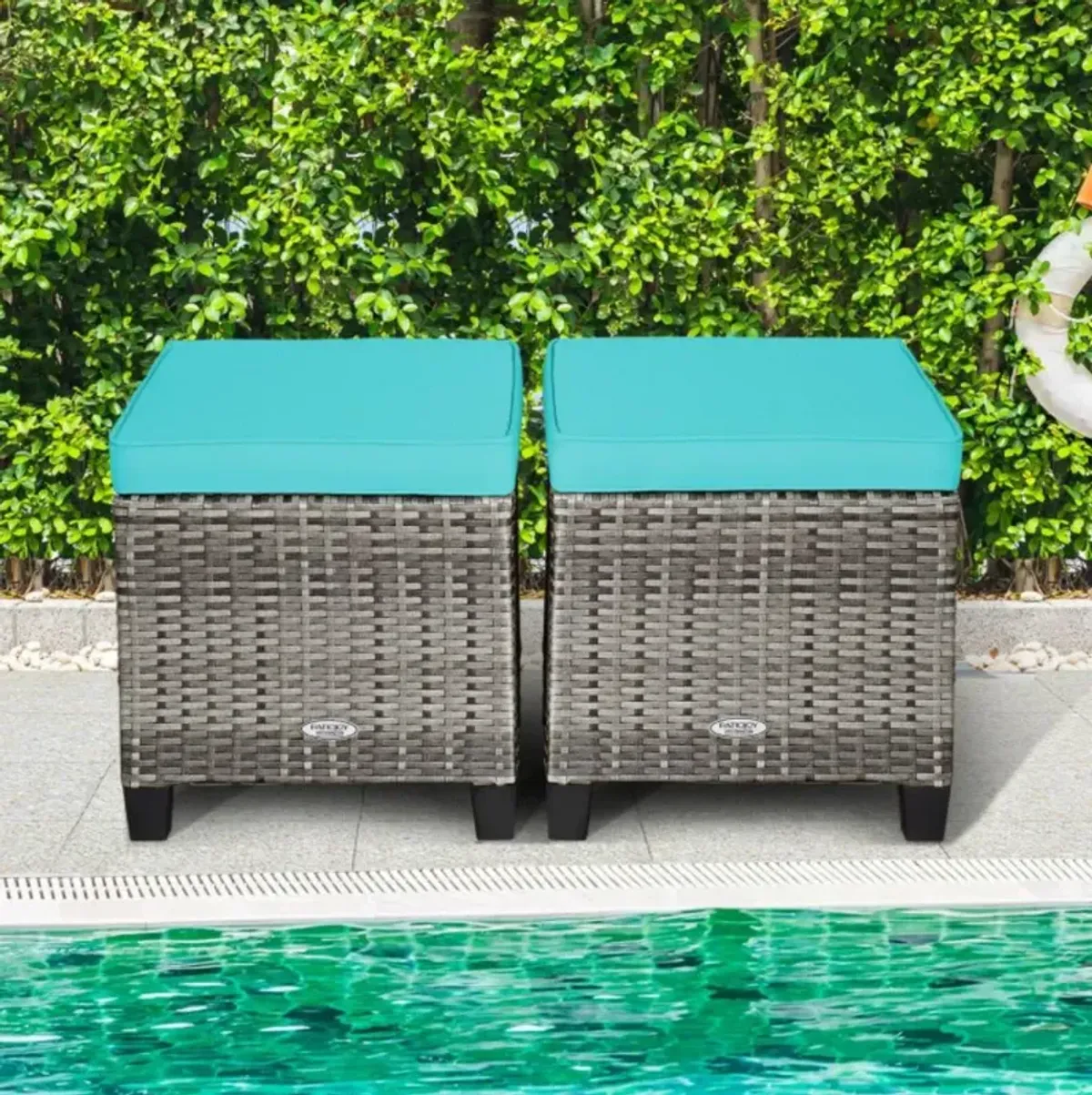 Hivvago 2PCS Patio Rattan Wicker Ottoman Seat with Removable Cushions-Turquoise