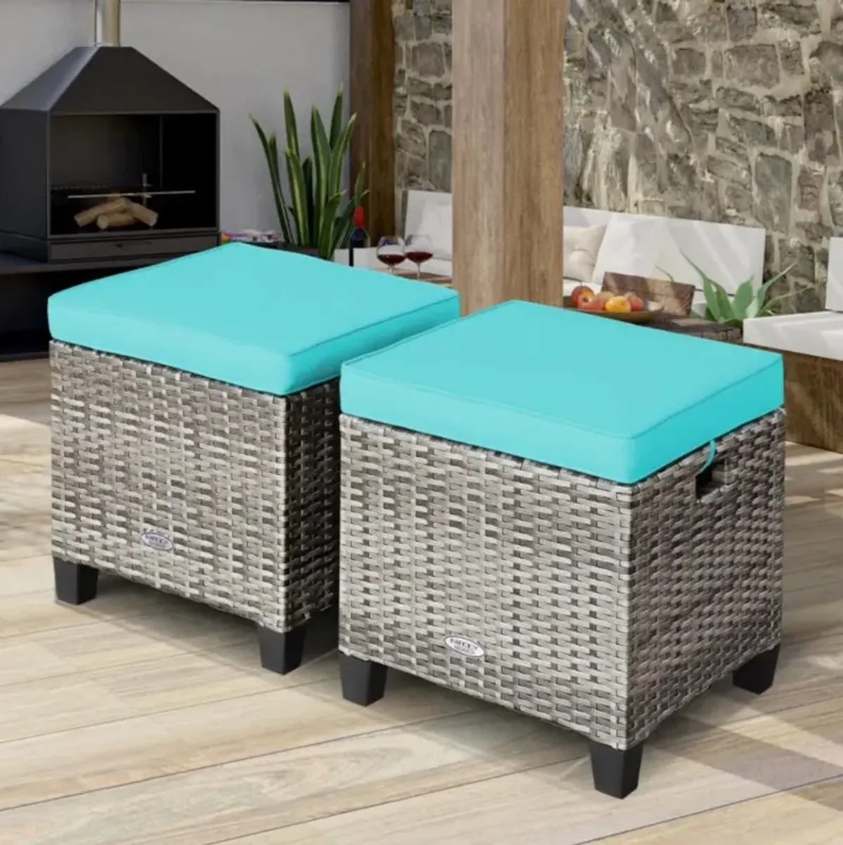 Hivvago 2PCS Patio Rattan Wicker Ottoman Seat with Removable Cushions-Turquoise