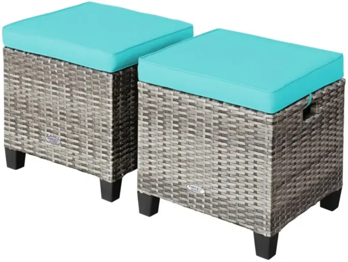 Hivvago 2PCS Patio Rattan Wicker Ottoman Seat with Removable Cushions-Turquoise