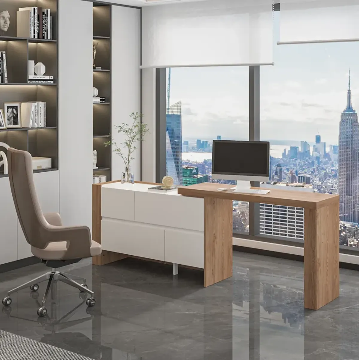 FUFU&GAGA Modern Office Desk with Ample Storage – Dimensions: 83.8” L x 15.7” W x 29.5” H – White and Brown