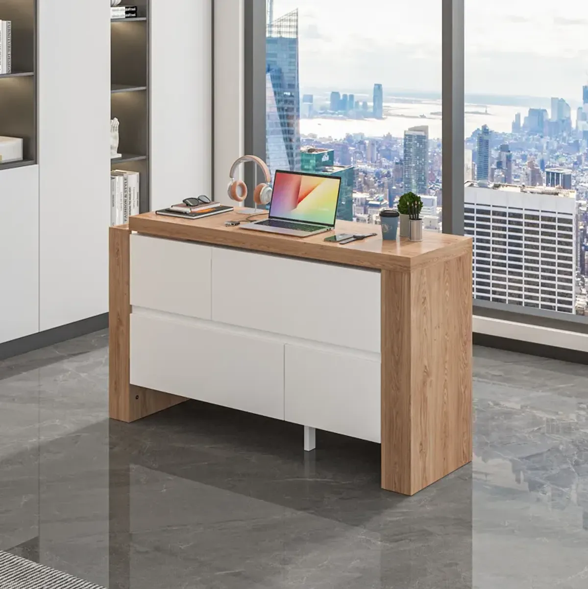 FUFU&GAGA Modern Office Desk with Ample Storage – Dimensions: 83.8” L x 15.7” W x 29.5” H – White and Brown