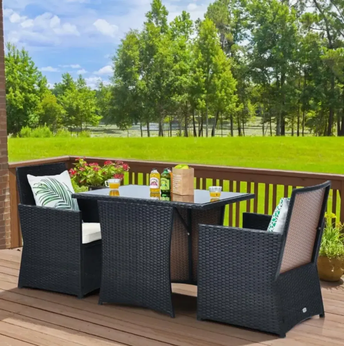 Hivvago 3 Pieces Patio Rattan Furniture Set with Cushion and Sofa Armrest