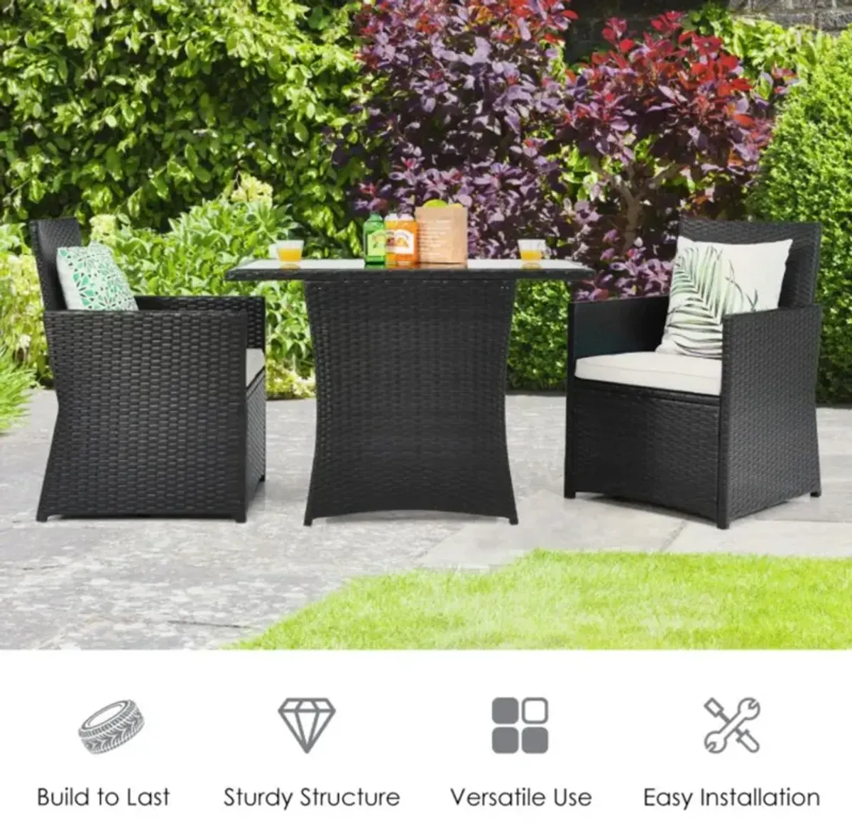 Hivvago 3 Pieces Patio Rattan Furniture Set with Cushion and Sofa Armrest