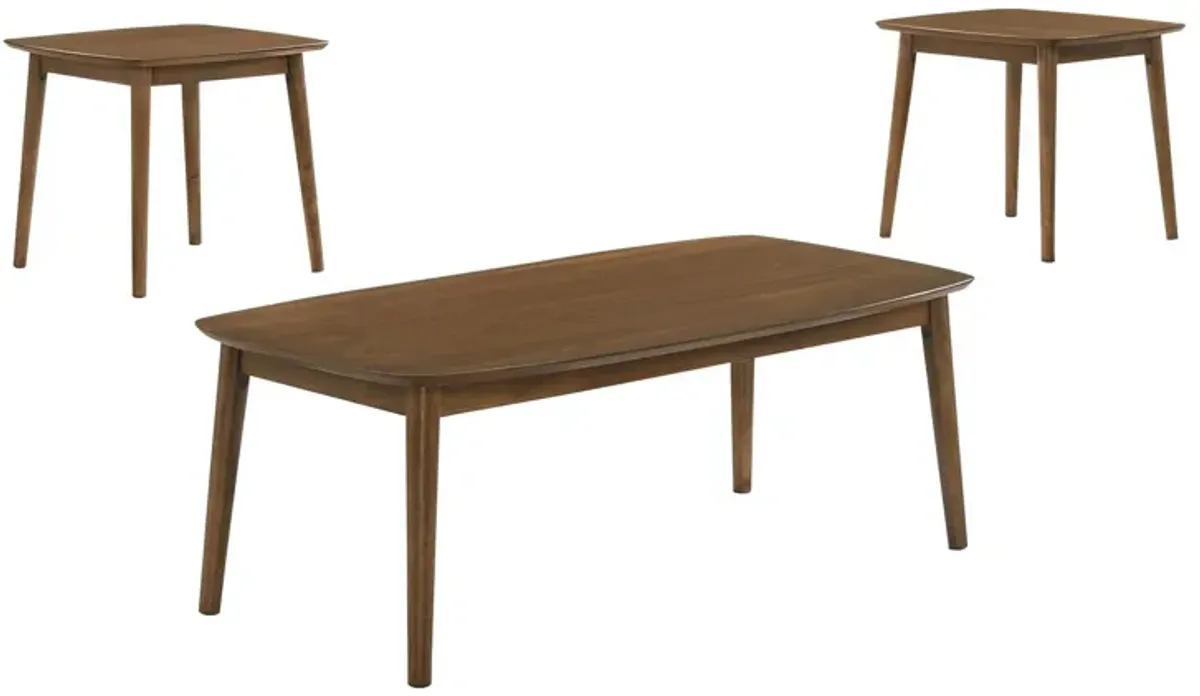 Lexi 3 Piece Coffee and End Table Set, Walnut Brown Wood, Flared Legs-Benzara