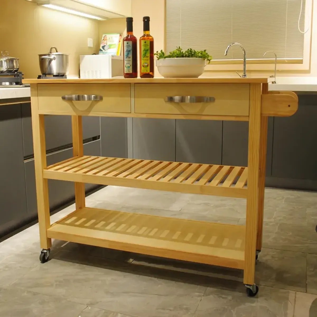 Mobile Kitchen Island with Lockable Wheels & Wood Top