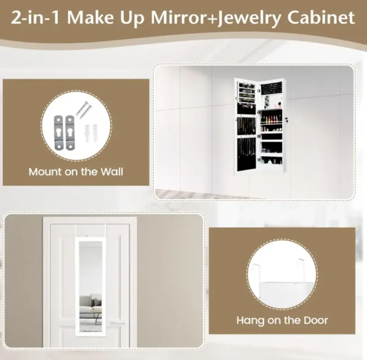 Hivvago Lockable Wall Door Mounted Mirror Jewelry Cabinet w/LED Lights