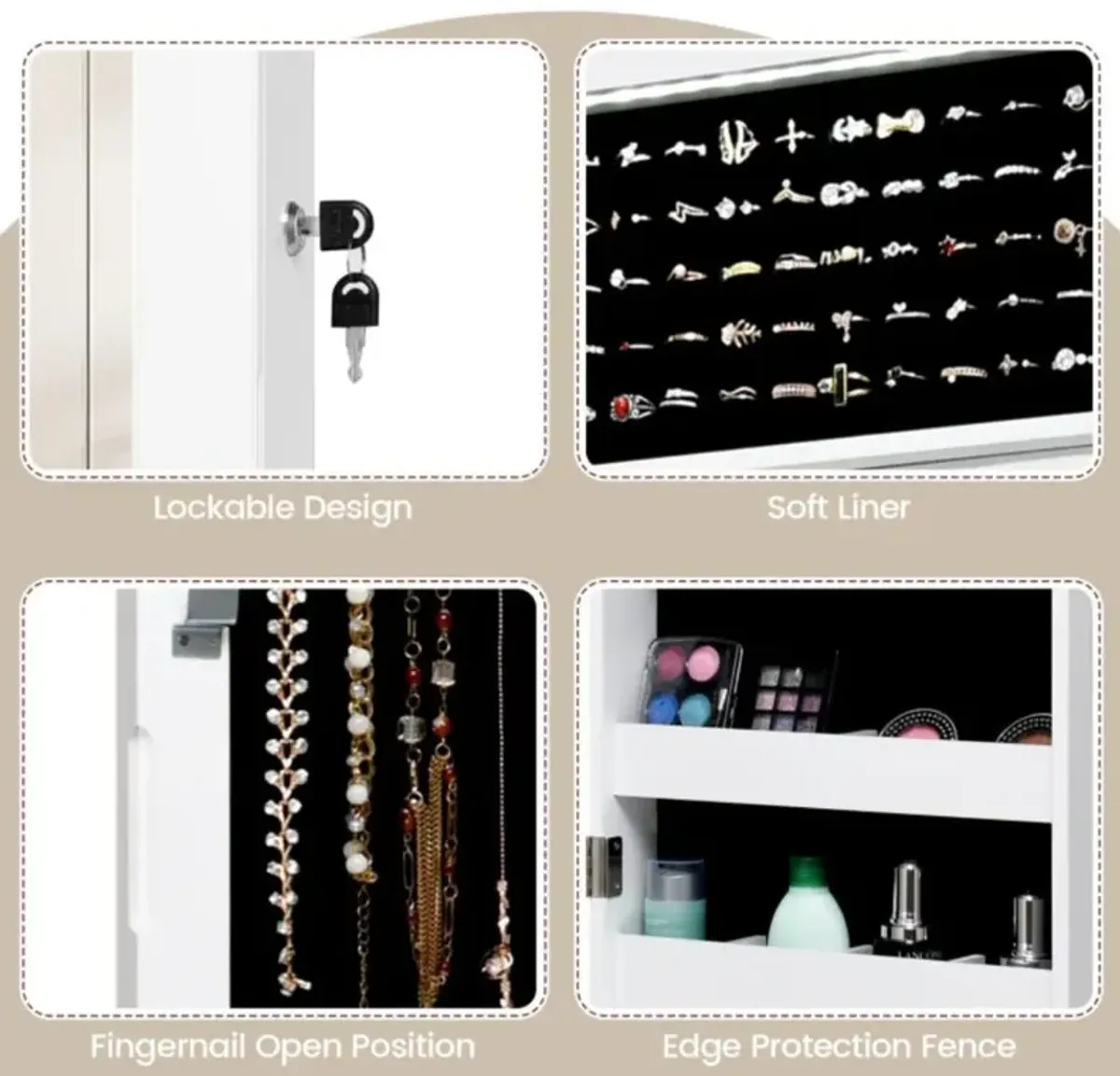 Hivvago Lockable Wall Door Mounted Mirror Jewelry Cabinet w/LED Lights