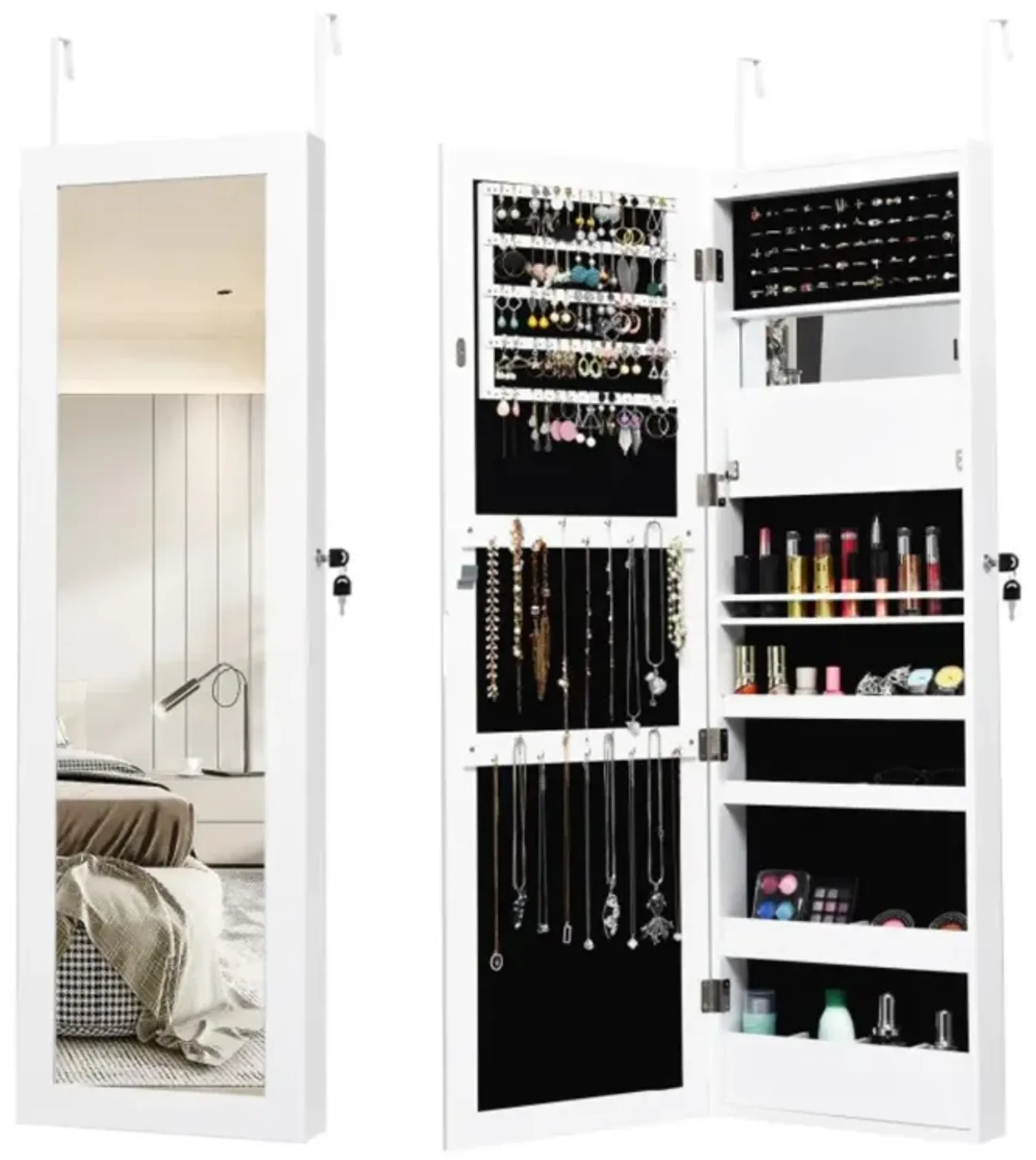 Hivvago Lockable Wall Door Mounted Mirror Jewelry Cabinet w/LED Lights