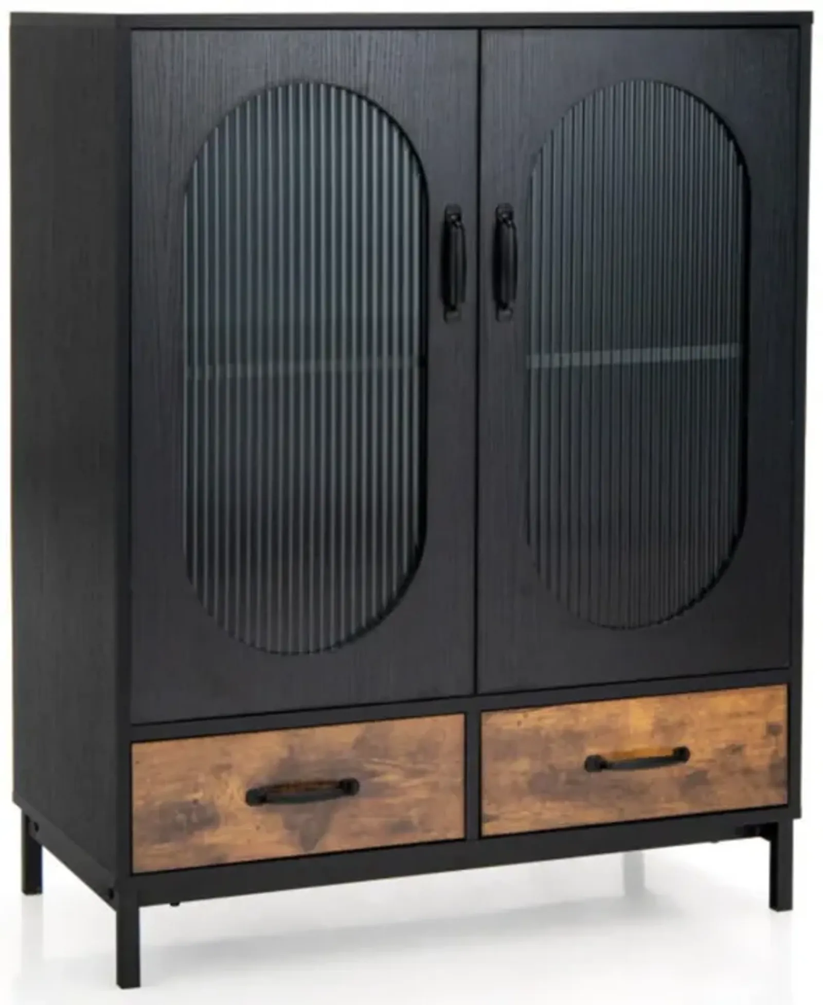 Hivvago Kitchen Industrial Buffet Sideboard with Tempered Glass Doors-Black