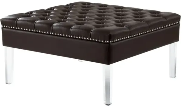35" Espresso Faux Leather And Clear Cocktail Ottoman