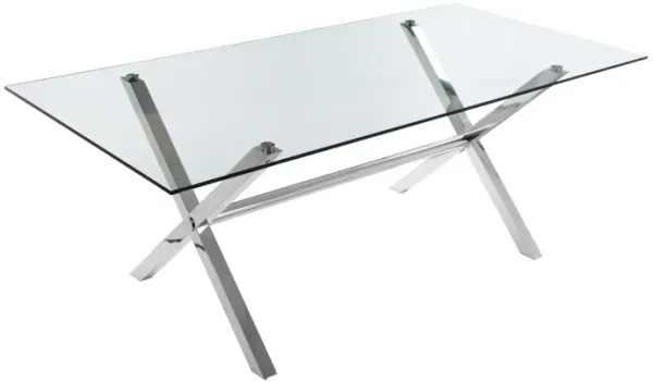 Tia 79 Inch Dining Table, Rectangular Tempered Glass Top, X Steel Legs - Benzara