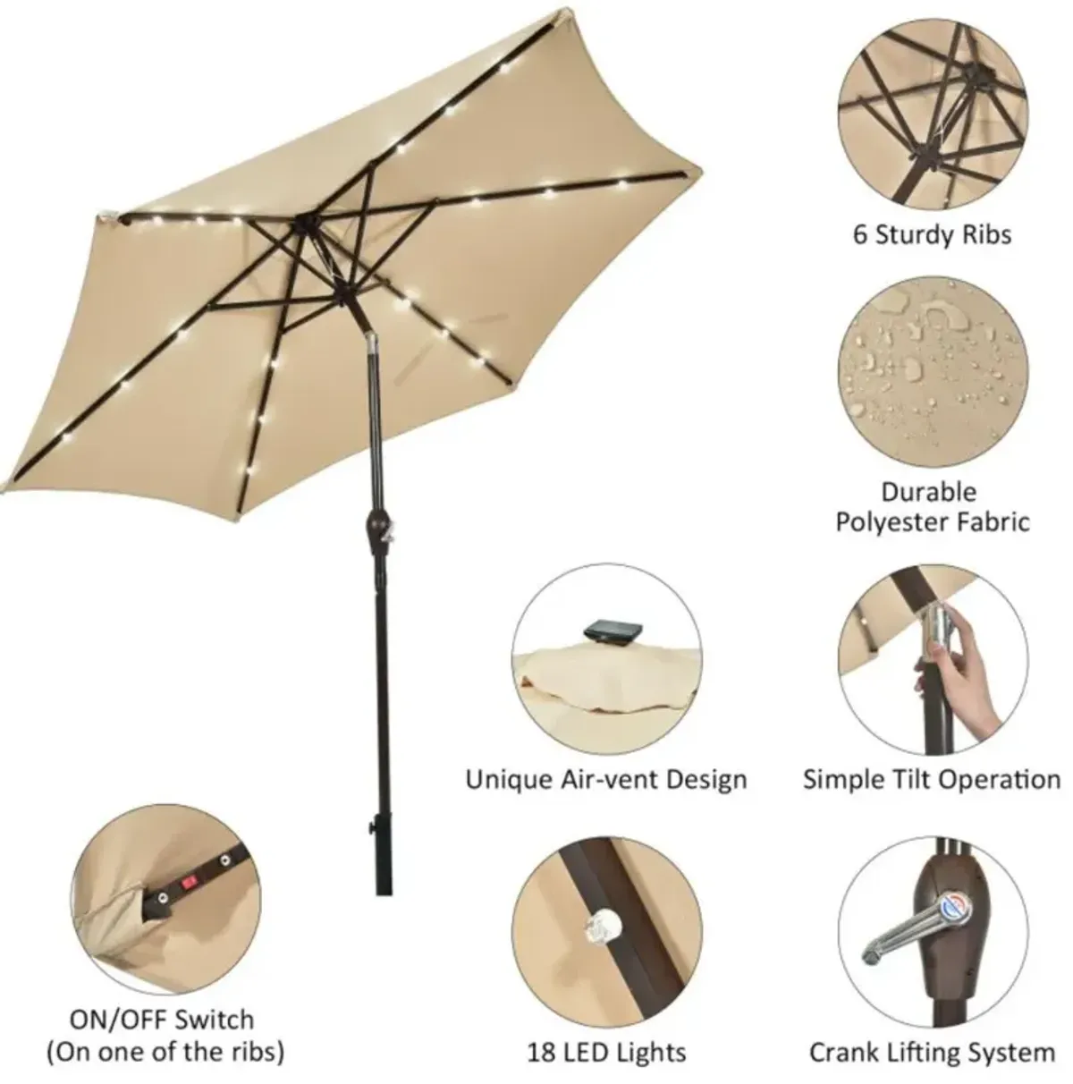 Hivvago 9 Feet Solar LED Lighted Patio Market Umbrella with Tilt Adjustment without Base