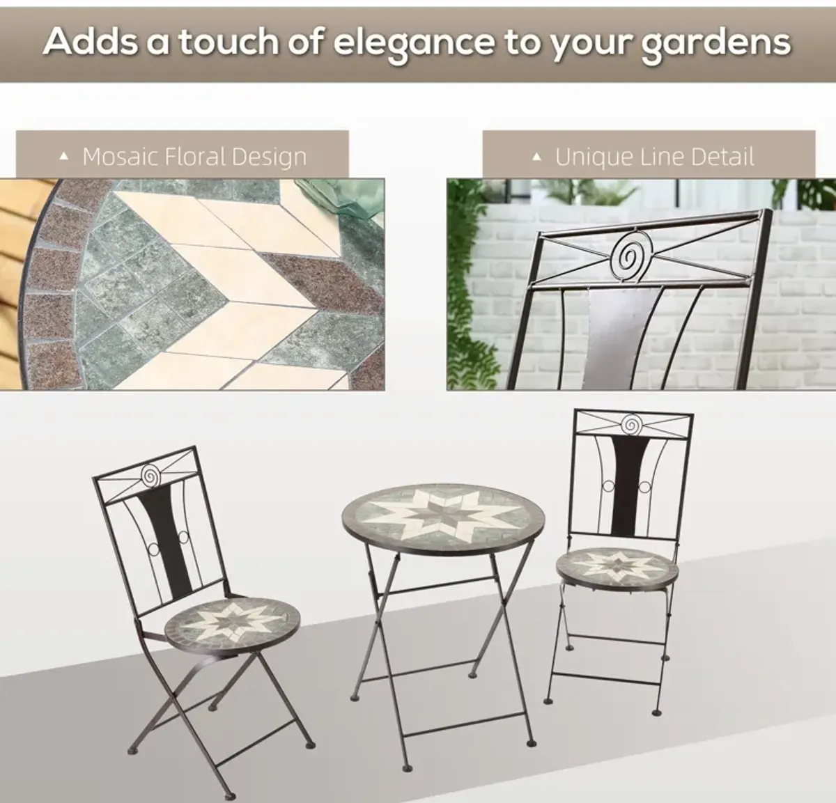 Coffee Outdoor Set: 3-Piece Mosaic Bistro with Folding Chairs