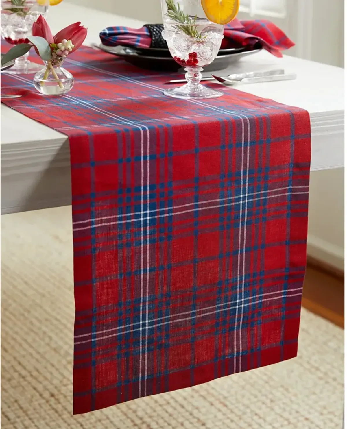 Solino Home 100% Pure Linen Red and Navy Tartan Plaid Table Runner