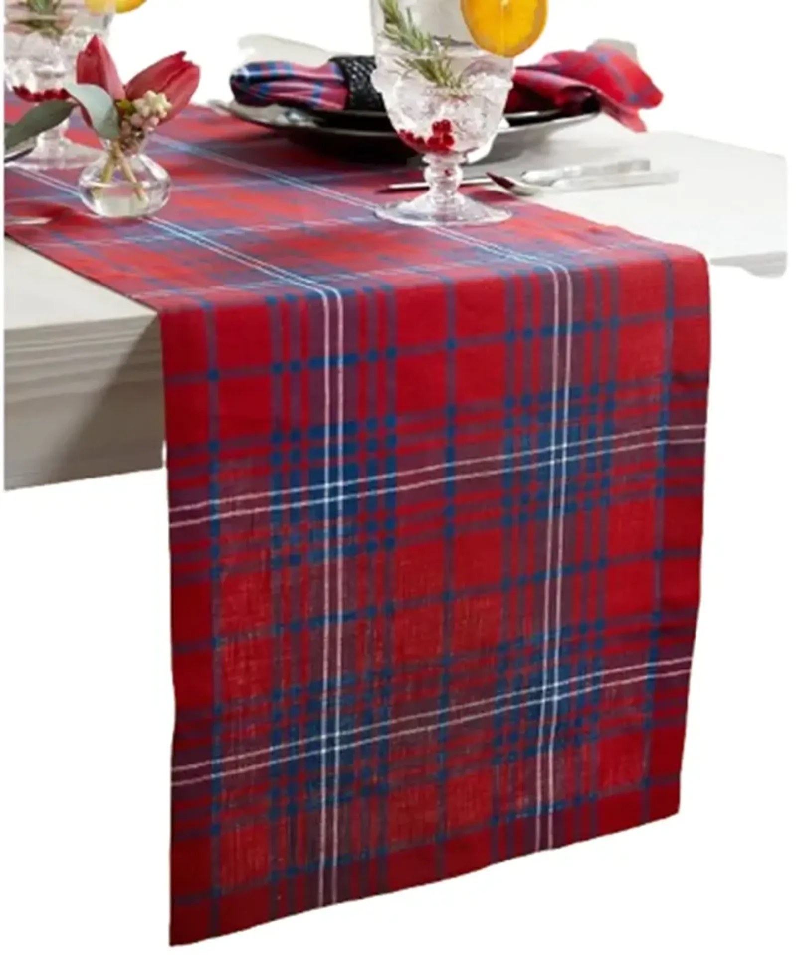 Solino Home 100% Pure Linen Red and Navy Tartan Plaid Table Runner