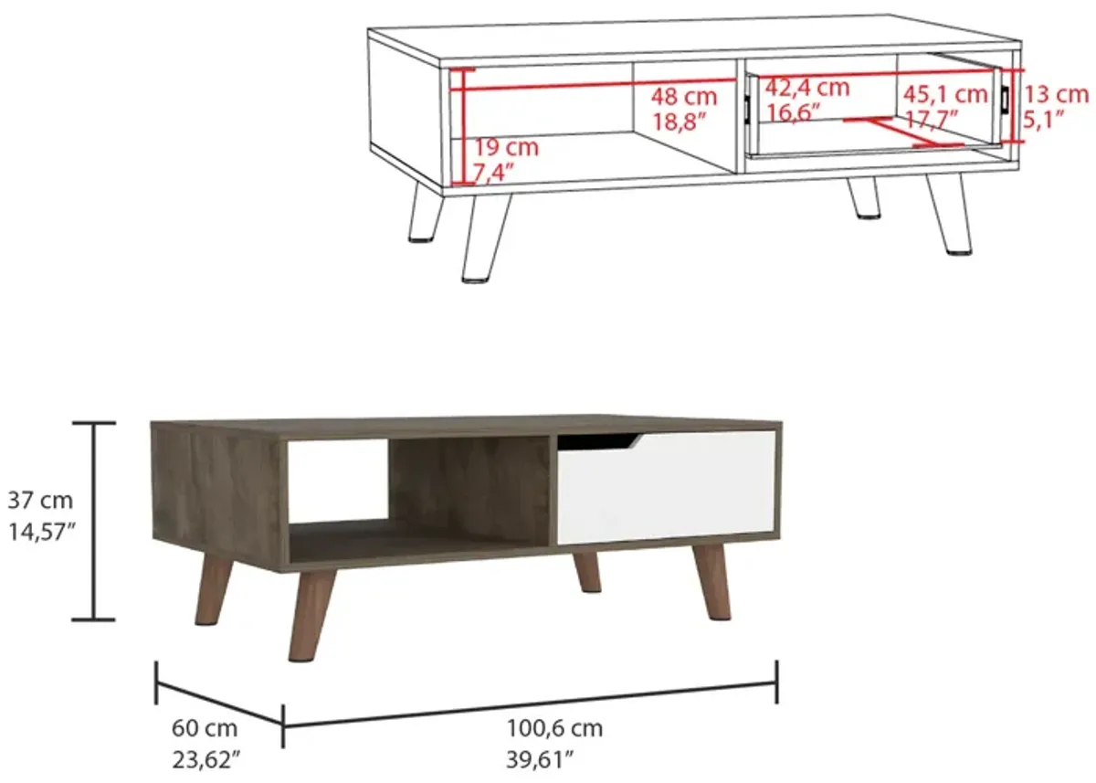 Oslo Coffee Table 2.0, One Drawer, Four Legs -Dark Brown / White