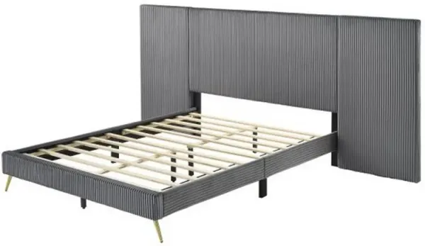 Zue Queen Size Bed, Wall Headboard, Gray Fabric Upholstery, Gold Metal Legs - Benzara