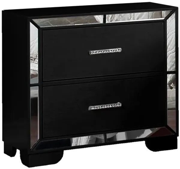 Koi 27 Inch Pine Wood Nightstand, 2 Drawers, Wire Brush, Mirror Trim, Black-Benzara