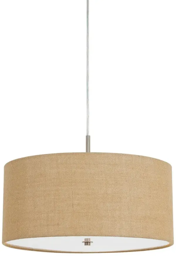 Metal Pendant Lighting with Fabric Circular Drum Shade and Cord, Beige - Benzara