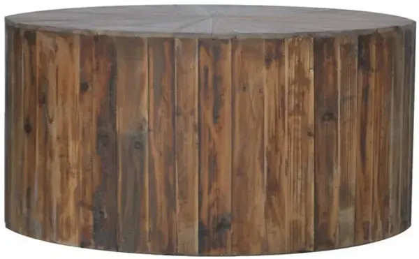 36 Inch Round Drum Coffee Table, Classic Plank Design, Rustic Brown Wood