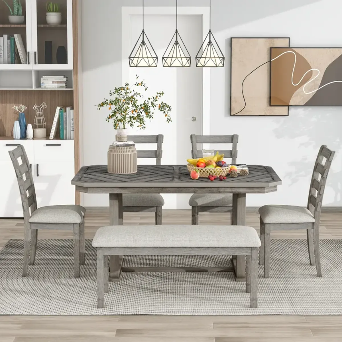 Gewnee 6-Piece Rubber Wood Dining Table Set with Beautiful Wood Grain Pattern Tabletop Solid Wood Veneer and Soft Cushion (Gray)