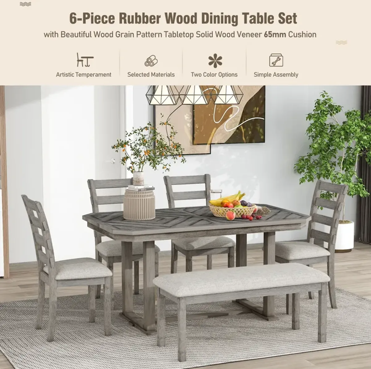 Gewnee 6-Piece Rubber Wood Dining Table Set with Beautiful Wood Grain Pattern Tabletop Solid Wood Veneer and Soft Cushion (Gray)