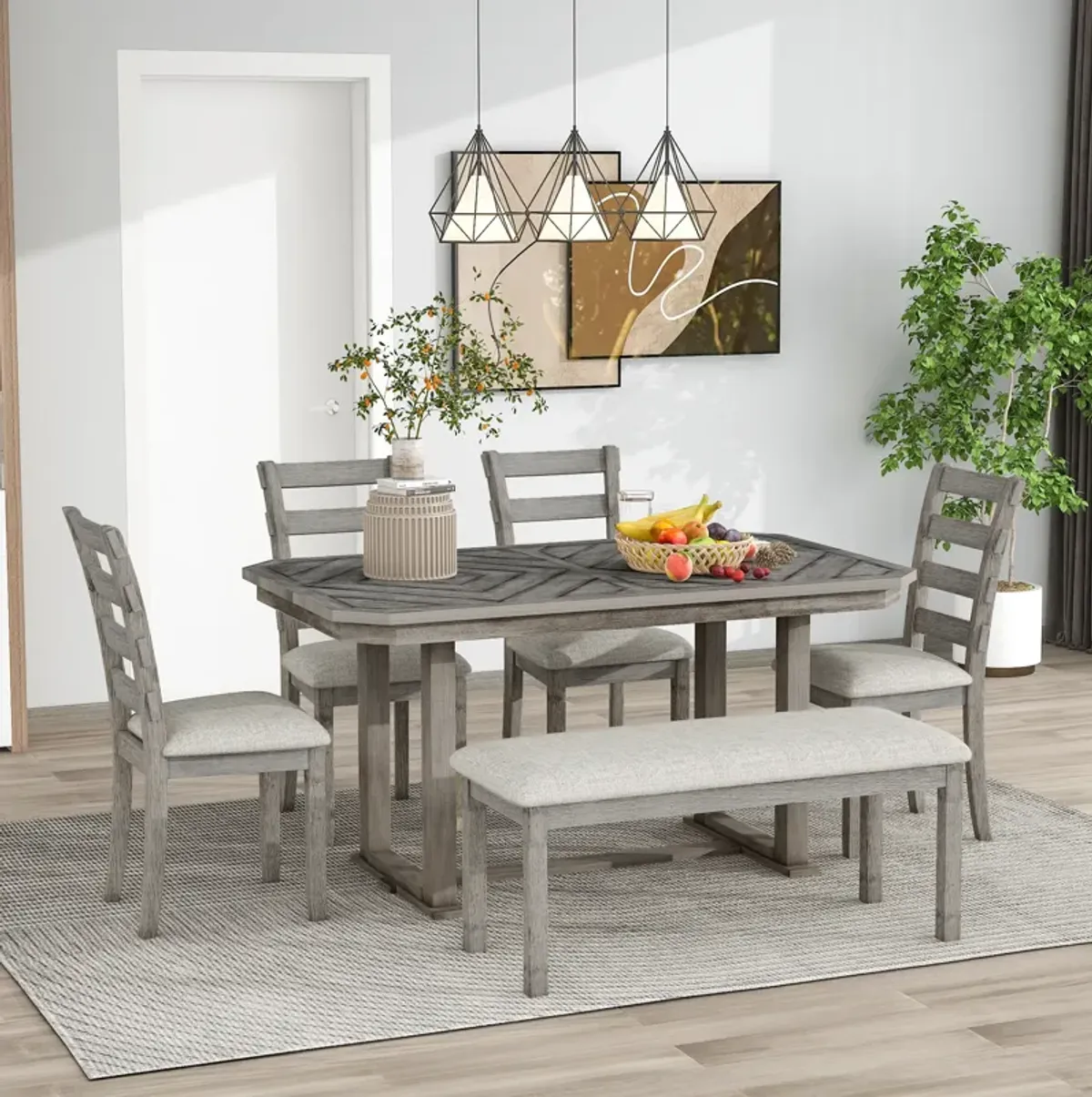 Gewnee 6-Piece Rubber Wood Dining Table Set with Beautiful Wood Grain Pattern Tabletop Solid Wood Veneer and Soft Cushion (Gray)