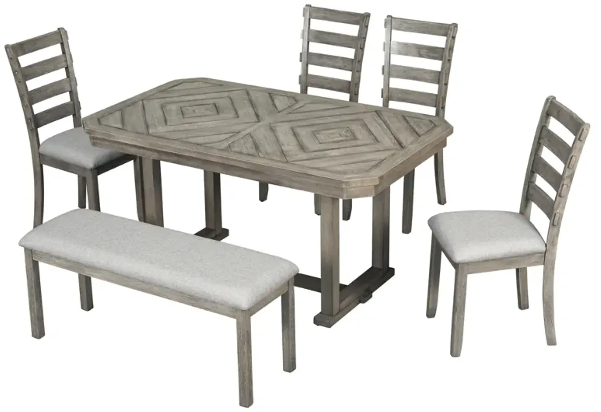 Gewnee 6-Piece Rubber Wood Dining Table Set with Beautiful Wood Grain Pattern Tabletop Solid Wood Veneer and Soft Cushion (Gray)