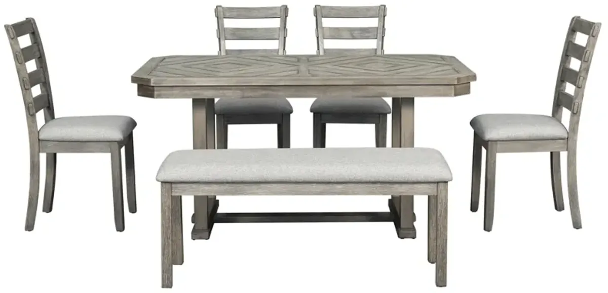 Gewnee 6-Piece Rubber Wood Dining Table Set with Beautiful Wood Grain Pattern Tabletop Solid Wood Veneer and Soft Cushion (Gray)