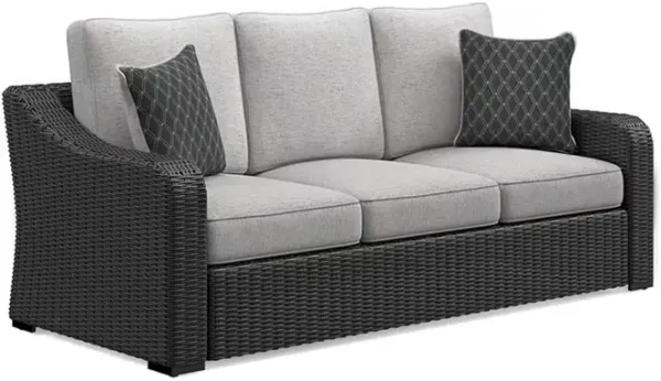 Tira Outdoor Sofa, 83 Inch, 2 Accent Pillows, Gray, Black Woven Wicker - Benzara