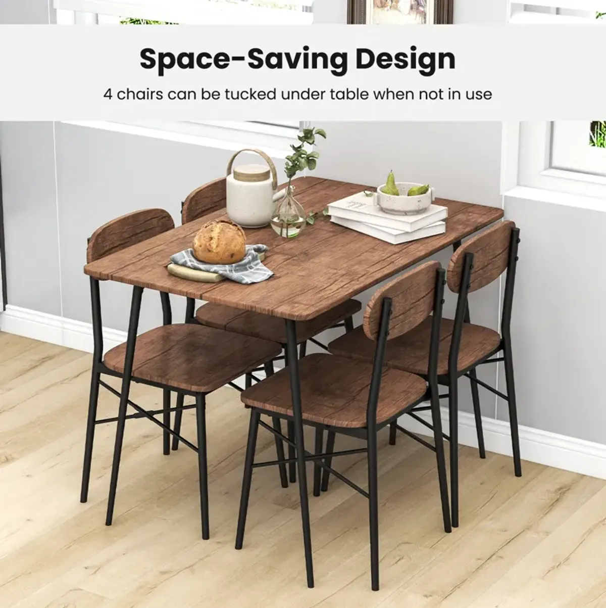 5 Piece Dining Table Set Rectangular with Backrest and Metal Legs for Breakfast Nook-Rustic Brown