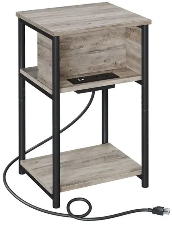 23 Inch End Table, 2 AC Outlets, 2 USB Ports, 1 Bottom Shelf, Black, Gray - Benzara