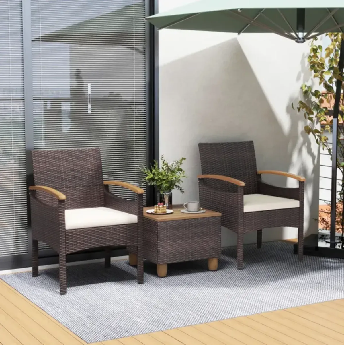 Patio Dining Chairs Set of 2 with Acacia Wood Armrest and Heavy Duty Metal Frame