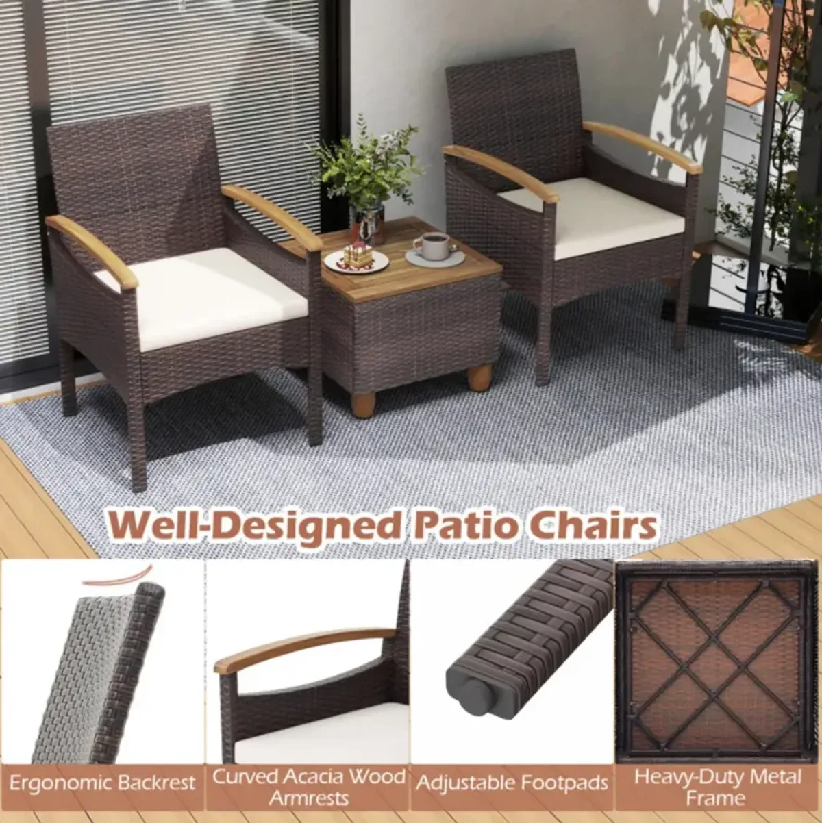 Patio Dining Chairs Set of 2 with Acacia Wood Armrest and Heavy Duty Metal Frame