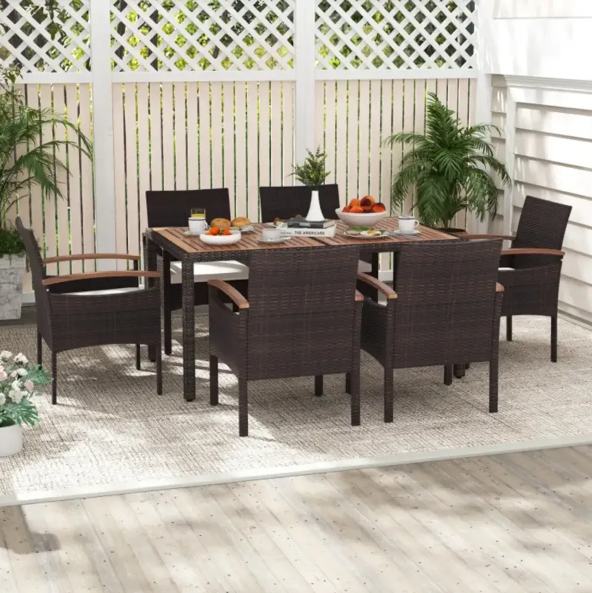 Patio Dining Chairs Set of 2 with Acacia Wood Armrest and Heavy Duty Metal Frame