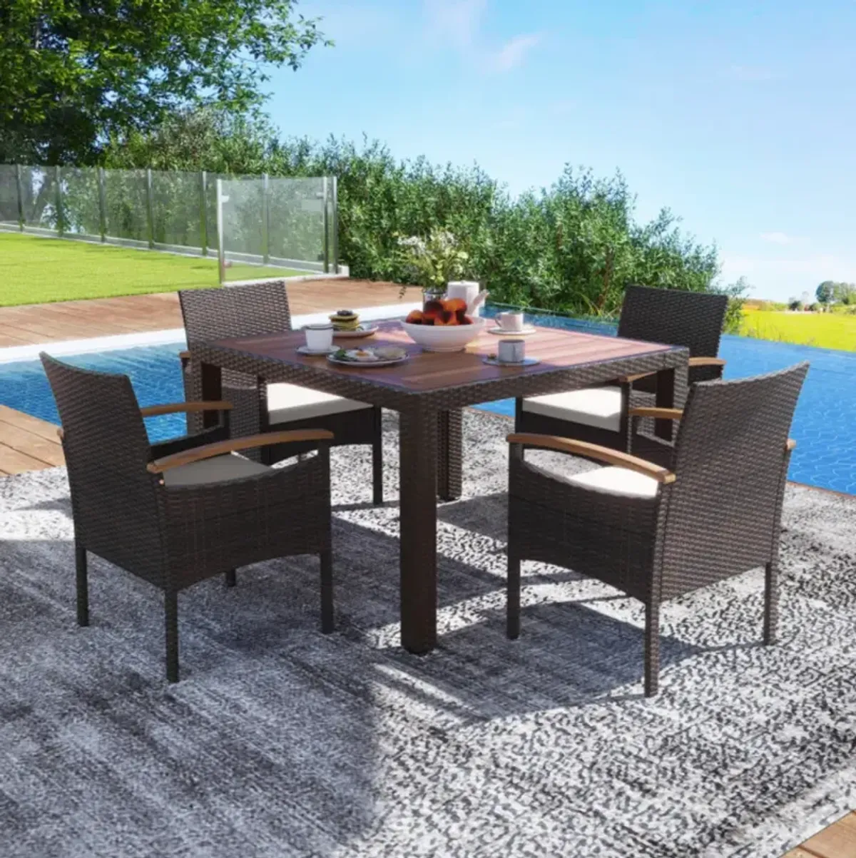Patio Dining Chairs Set of 2 with Acacia Wood Armrest and Heavy Duty Metal Frame