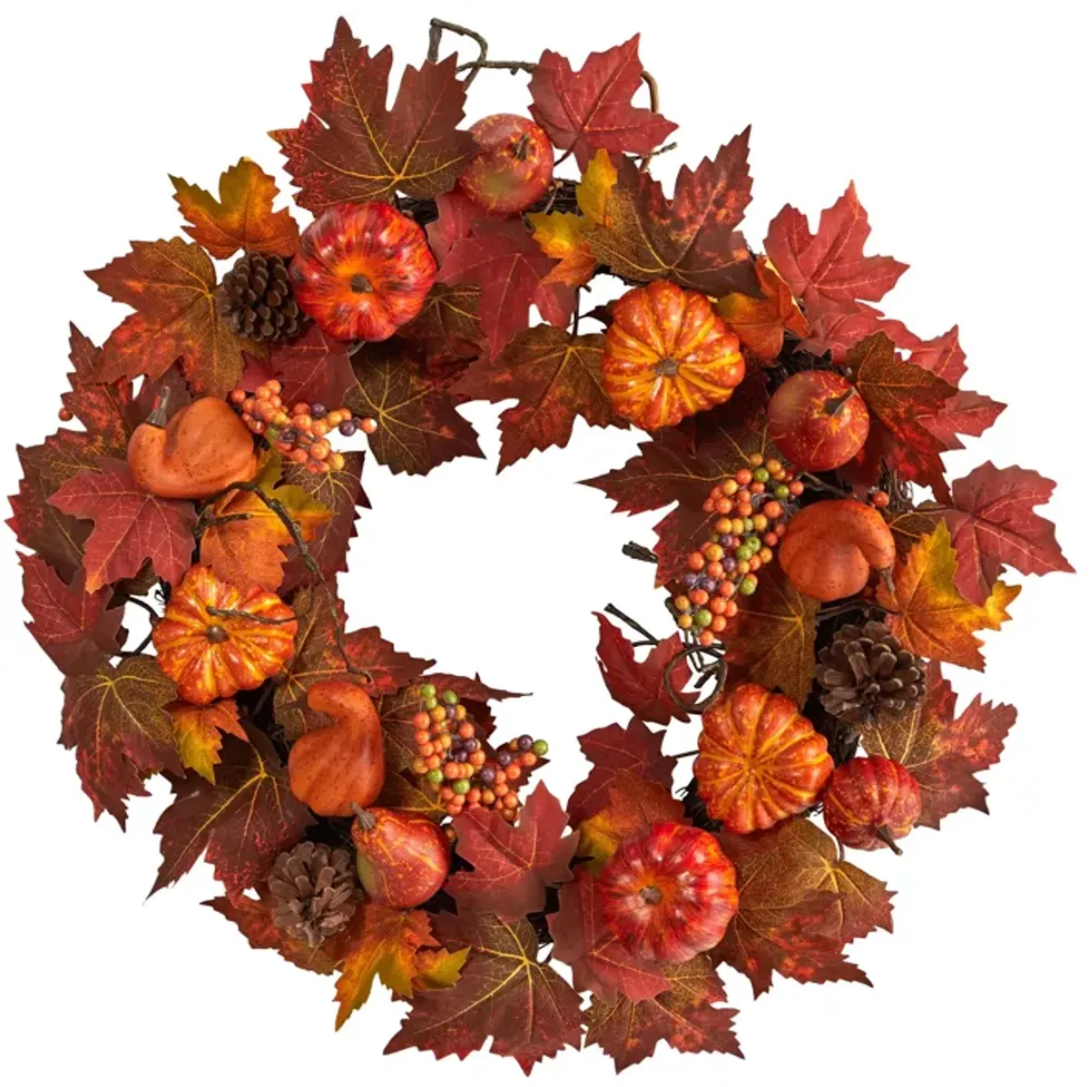 Hivvago 24" Autumn Maple Leaves, Pumpkin, Pinecone and Berries Artificial Fall Wreath