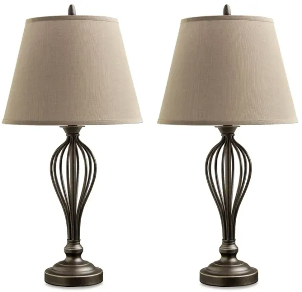 Table Lamp Set of 2, Curved Wired Bronze Base w Beige Fabric Shade - Benzara