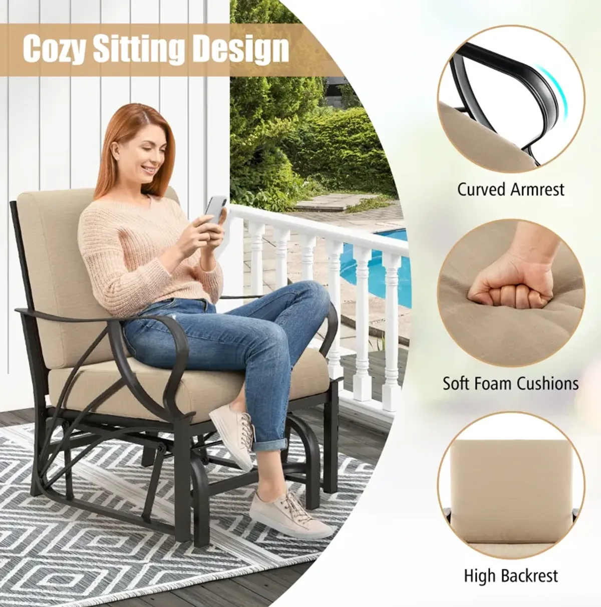 Patio Glider Rocking Chair with Thick Cushion and Curved Armrest