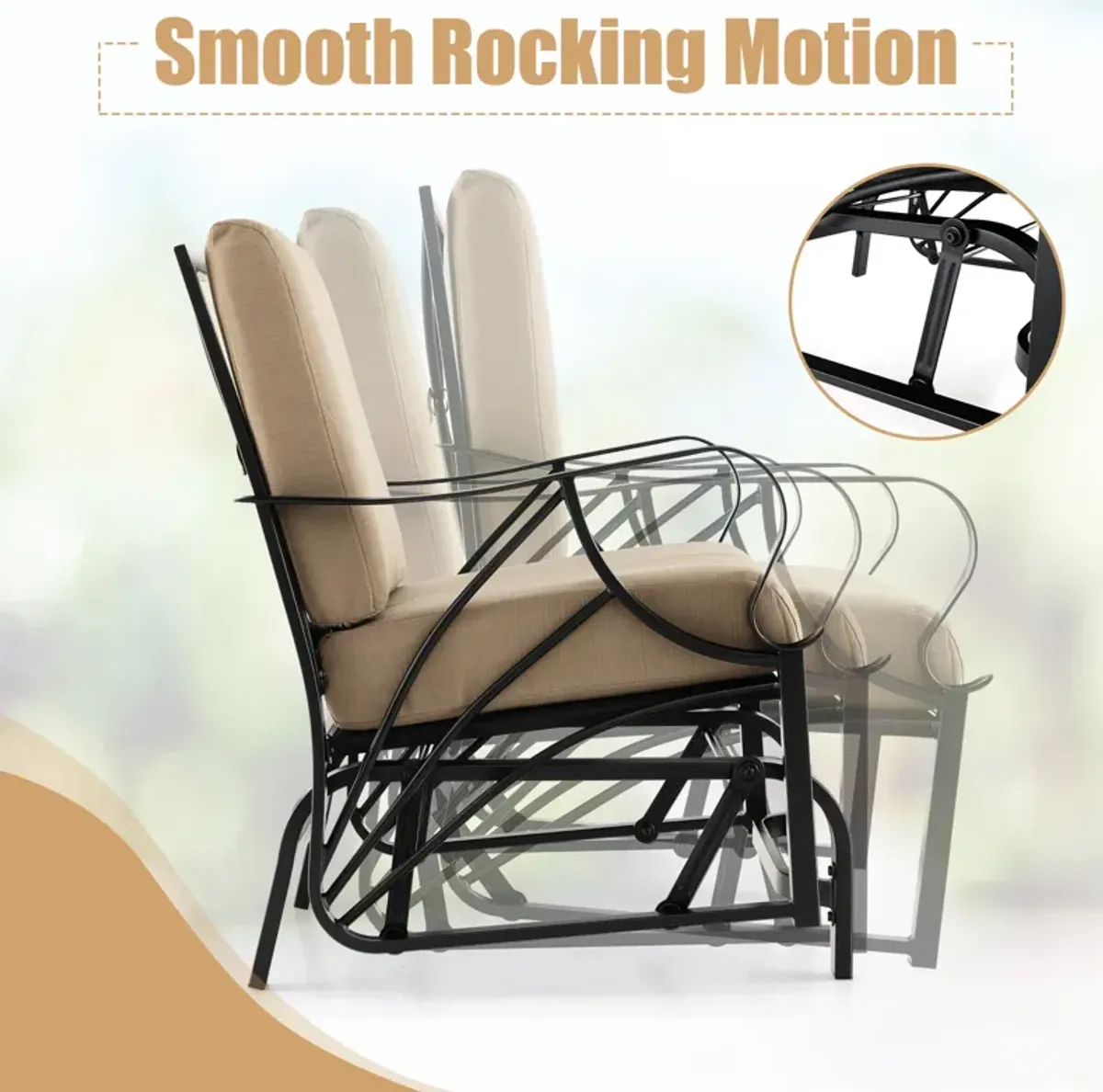 Patio Glider Rocking Chair with Thick Cushion and Curved Armrest