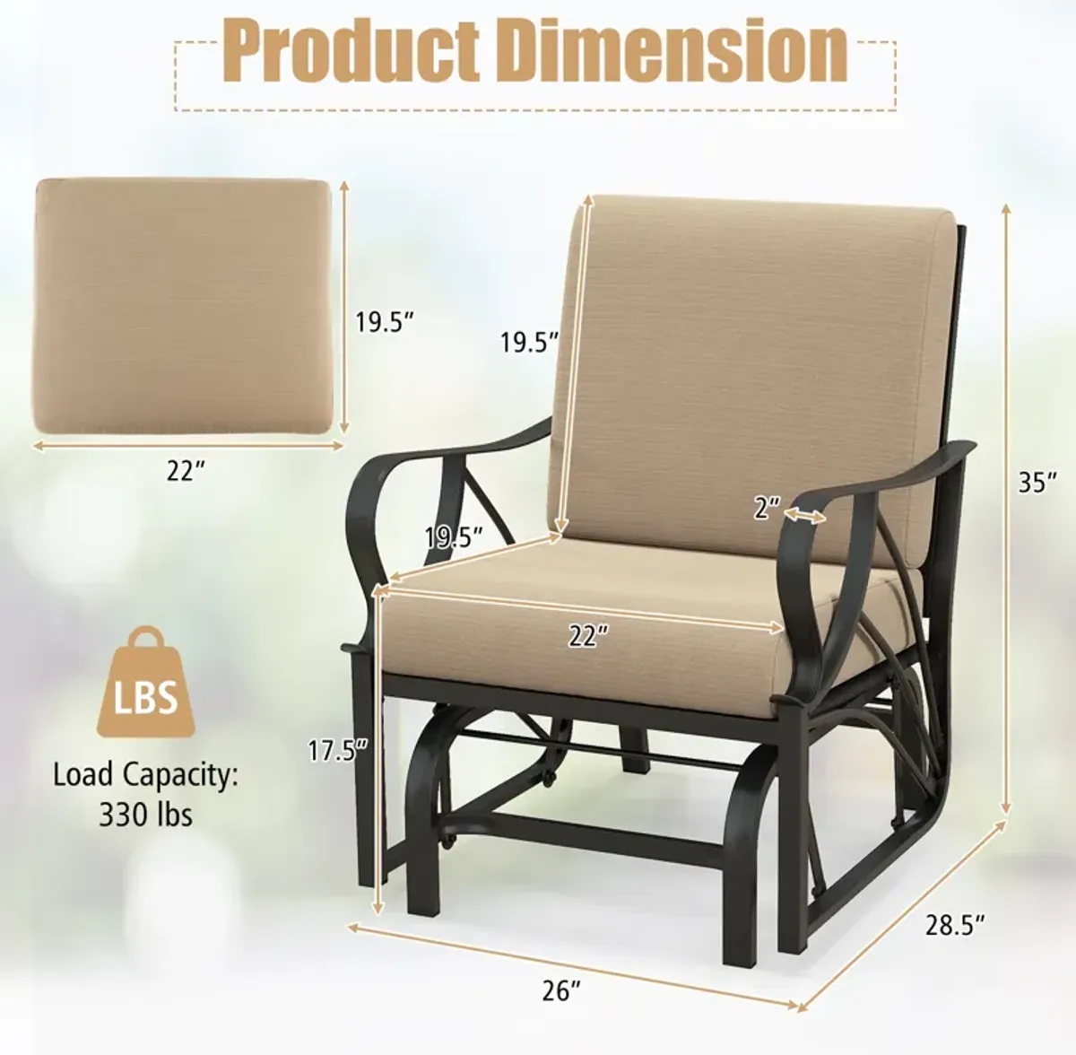 Patio Glider Rocking Chair with Thick Cushion and Curved Armrest